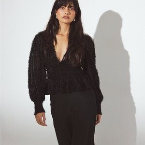 Black Fringe Deep V-Neck Blouse